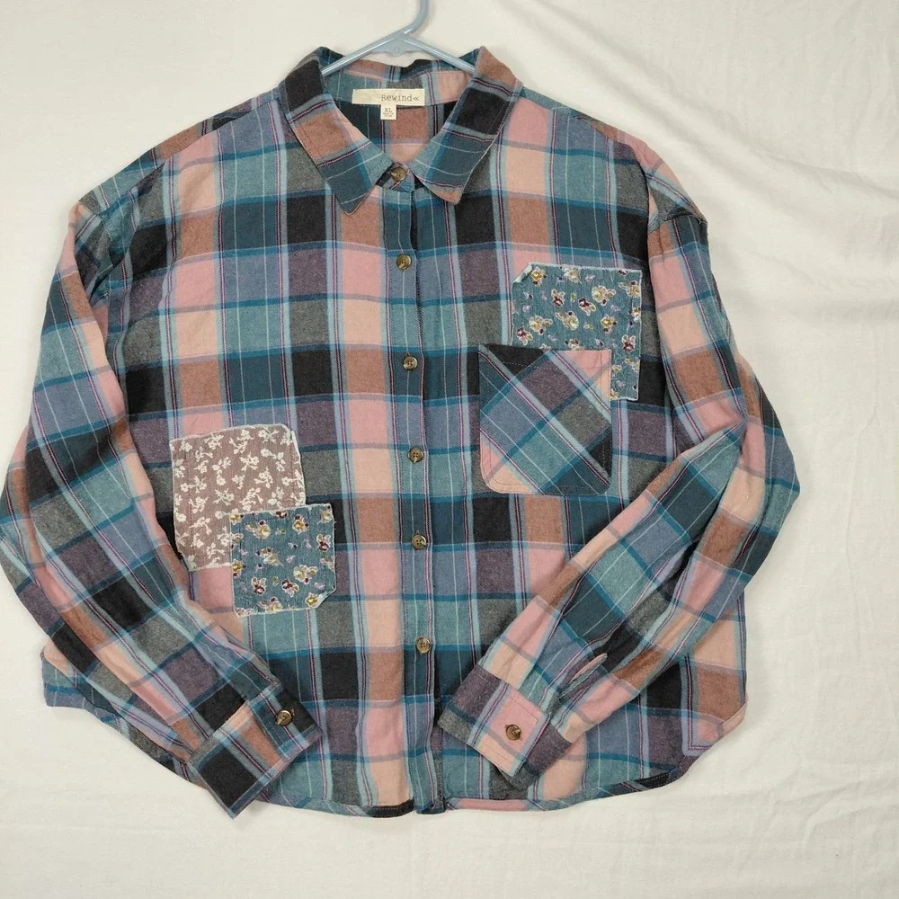 Women's XL Cropped Plaid Flannel Long Sleeve Patchwork‎ Raw Hem Country Western